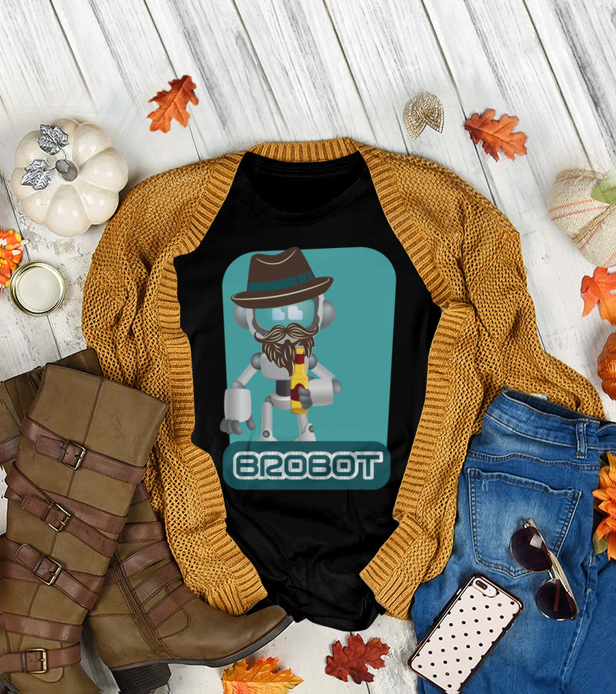 BROBOT Robot with Hat and Beard Holding Bottle T-Shirt