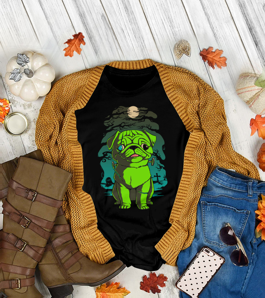 Pugenstein Frankenstein Pug Green Monster with Moon and Cemetery Background T-Shirt