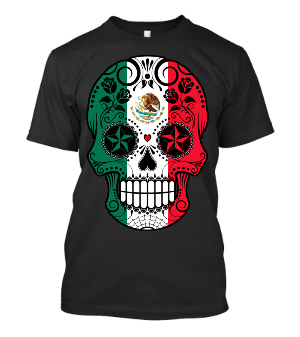 Mexican Flag Sugar Skull With Eagle Emblem And Floral Decorations T-Shirt