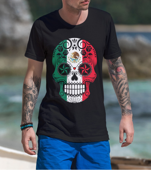 Mexican Flag Sugar Skull With Eagle Emblem And Floral Decorations T-Shirt