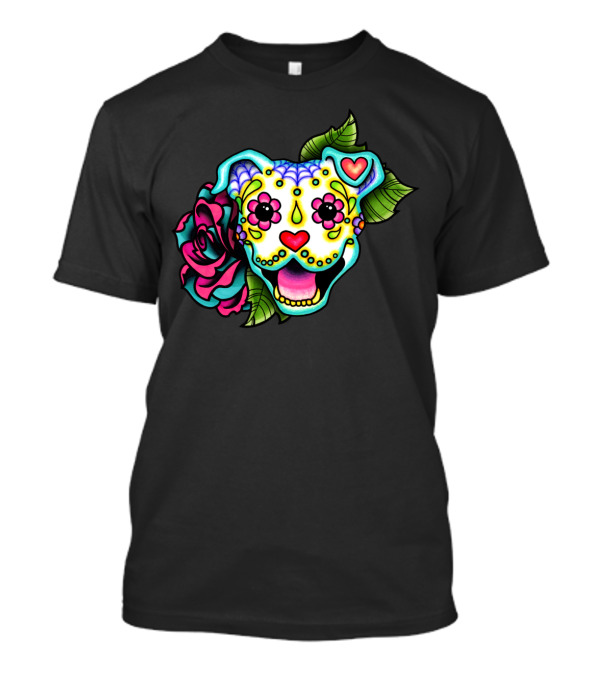 Smiling Pit Bull Day Of The Dead Pitbull Sugar Skull Flower Heart T-Shirt
