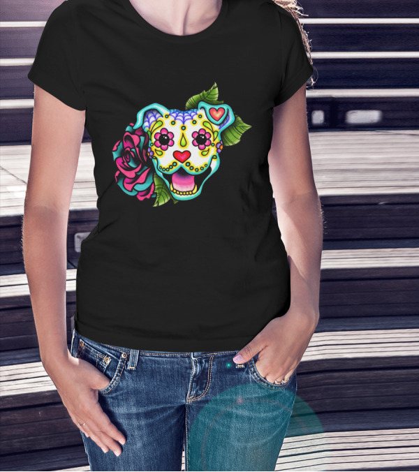 Smiling Pit Bull Day Of The Dead Pitbull Sugar Skull Flower Heart T-Shirt