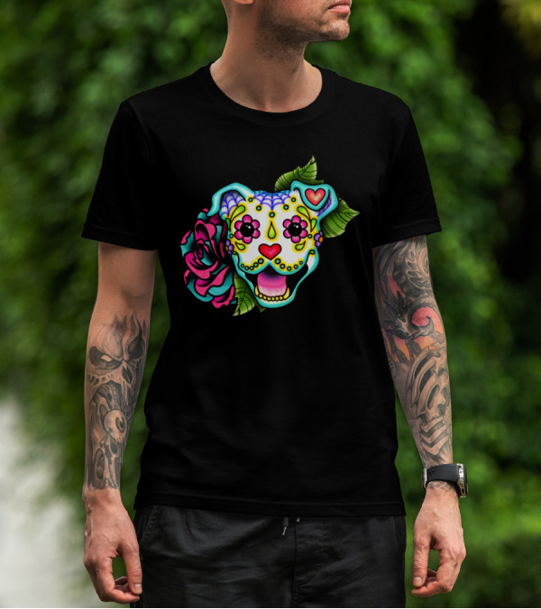Smiling Pit Bull Day Of The Dead Pitbull Sugar Skull Flower Heart T-Shirt