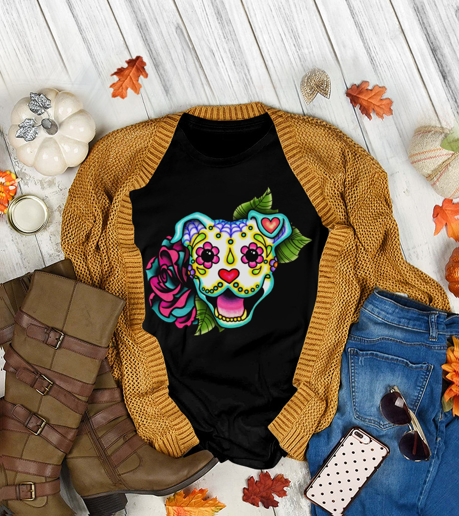 Smiling Pit Bull Day Of The Dead Pitbull Sugar Skull Flower Heart T-Shirt