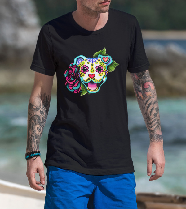 Smiling Pit Bull Day Of The Dead Pitbull Sugar Skull Flower Heart T-Shirt