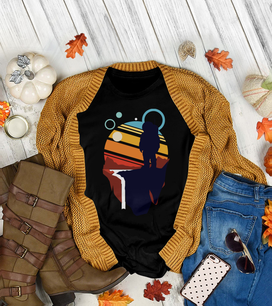 Astronaut Silhouette in Colorful Geometric Space Adventure T-Shirt