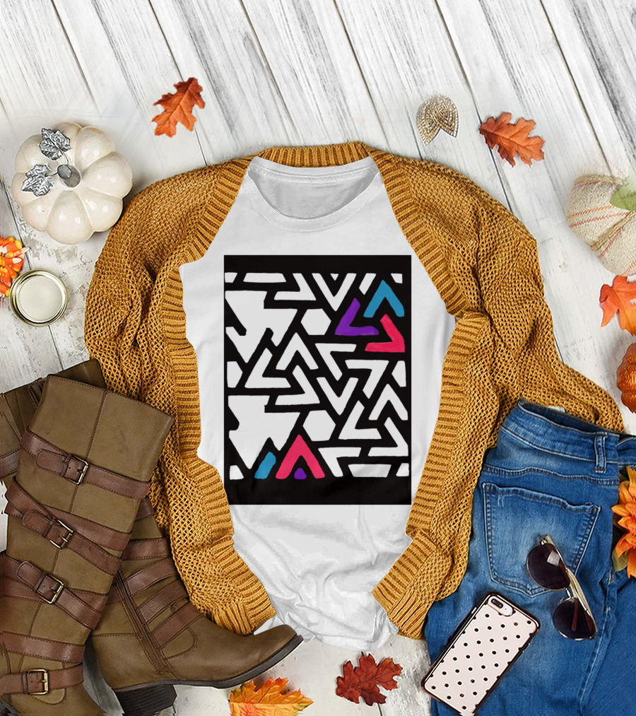 Broken Geometric Window Pattern Triangles in Blue Red and Pink T-Shirt