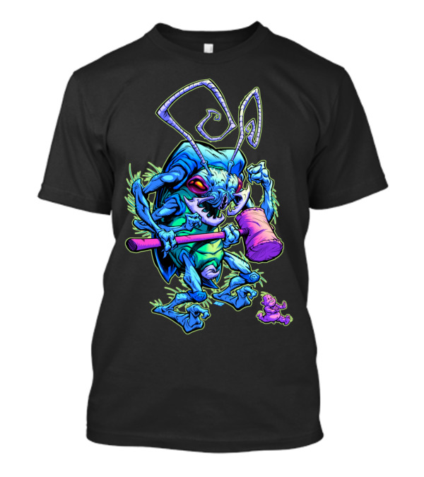 HAMMERBUG Neon Alien Insect Wielding Mallet With Tiny Creature T-Shirt