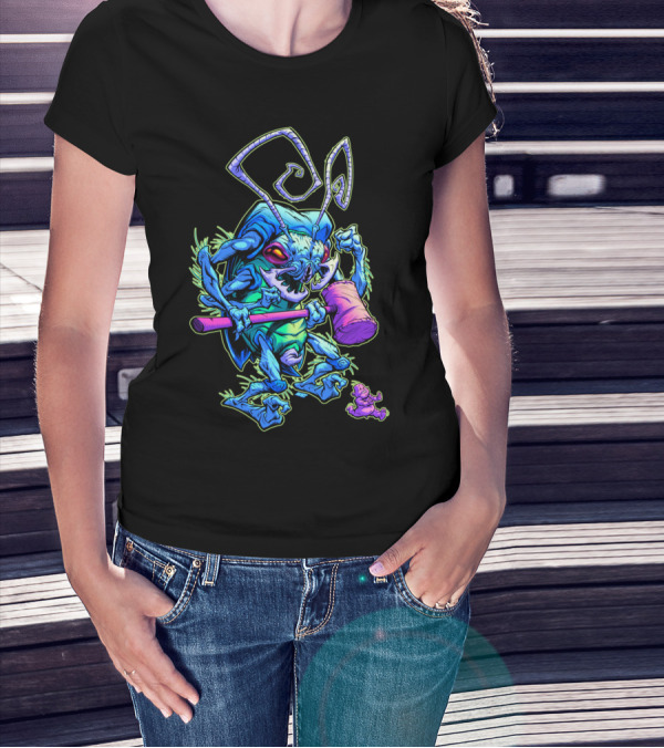 HAMMERBUG Neon Alien Insect Wielding Mallet With Tiny Creature T-Shirt