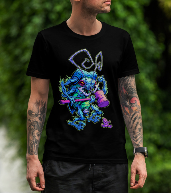 HAMMERBUG Neon Alien Insect Wielding Mallet With Tiny Creature T-Shirt