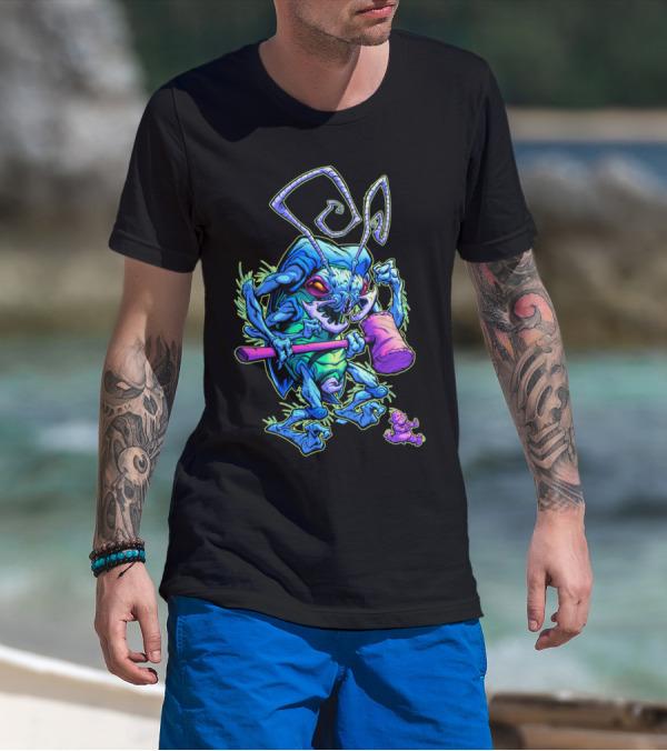 HAMMERBUG Neon Alien Insect Wielding Mallet With Tiny Creature T-Shirt