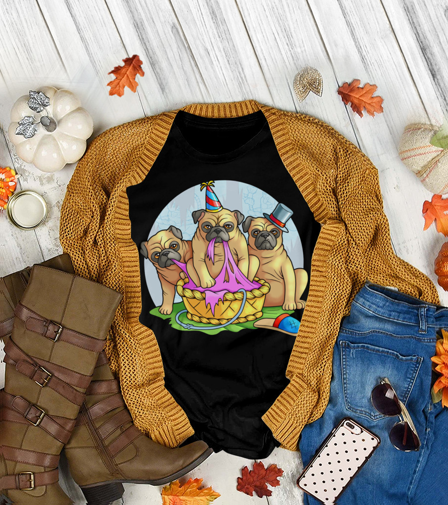 Pugs in Party Hats with Basket and Top Hat T-Shirt