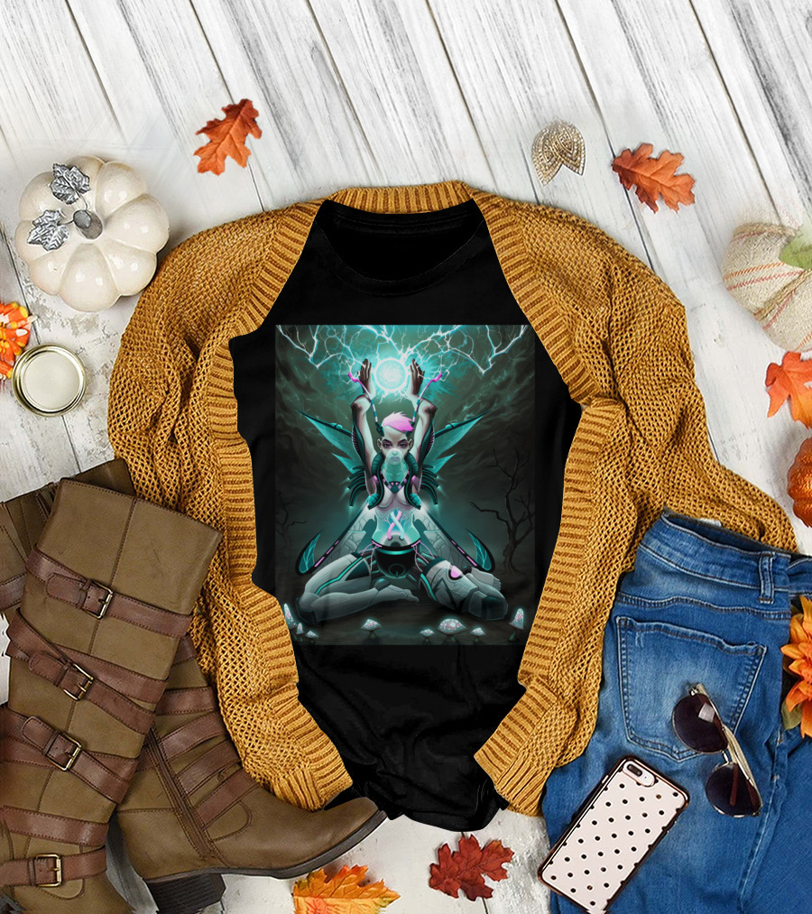 Robotic Enchanted Fairy with Electric Aura and Luminous Fungi T-Shirt