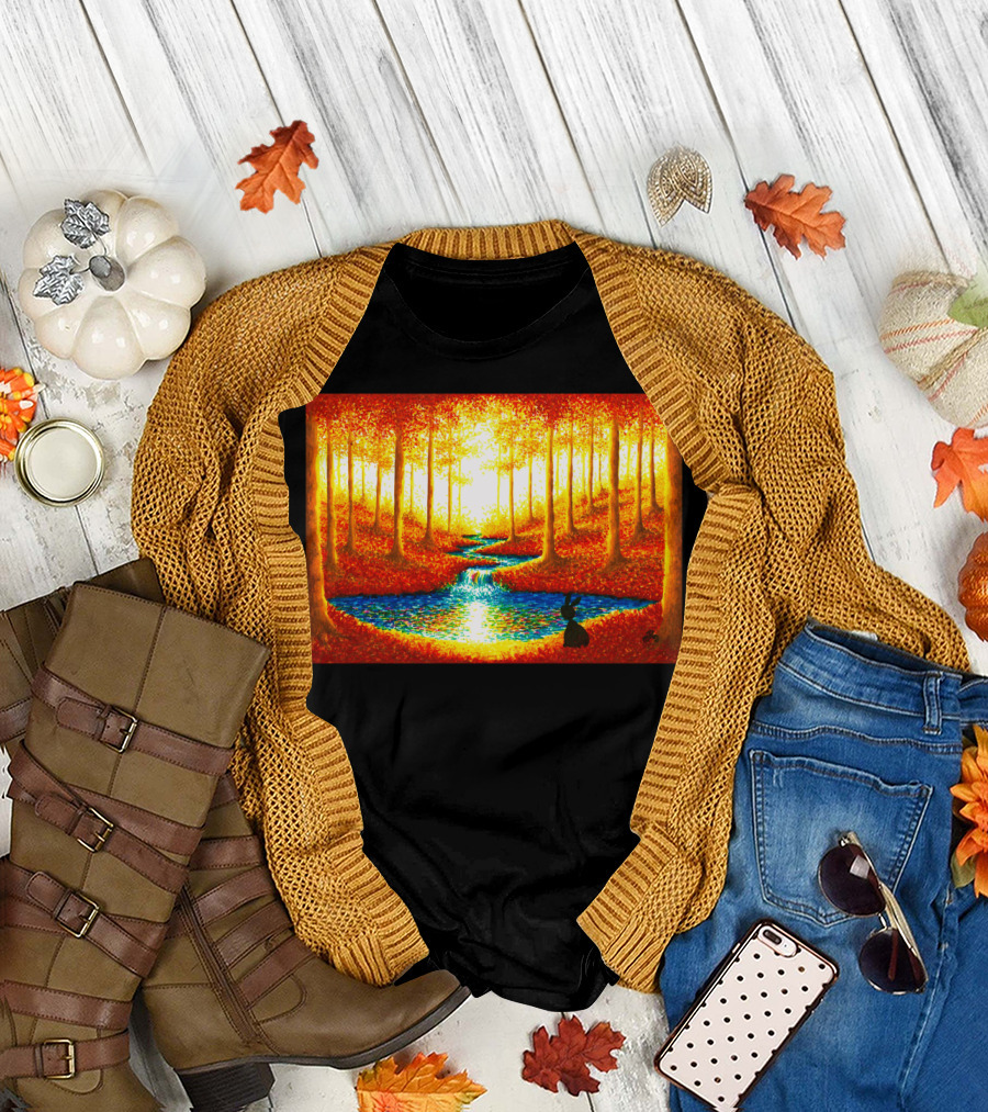 DREAMING Through Enchanted Autumn Forest with Glowing Stream and Silhouetted Figure T-Shirt