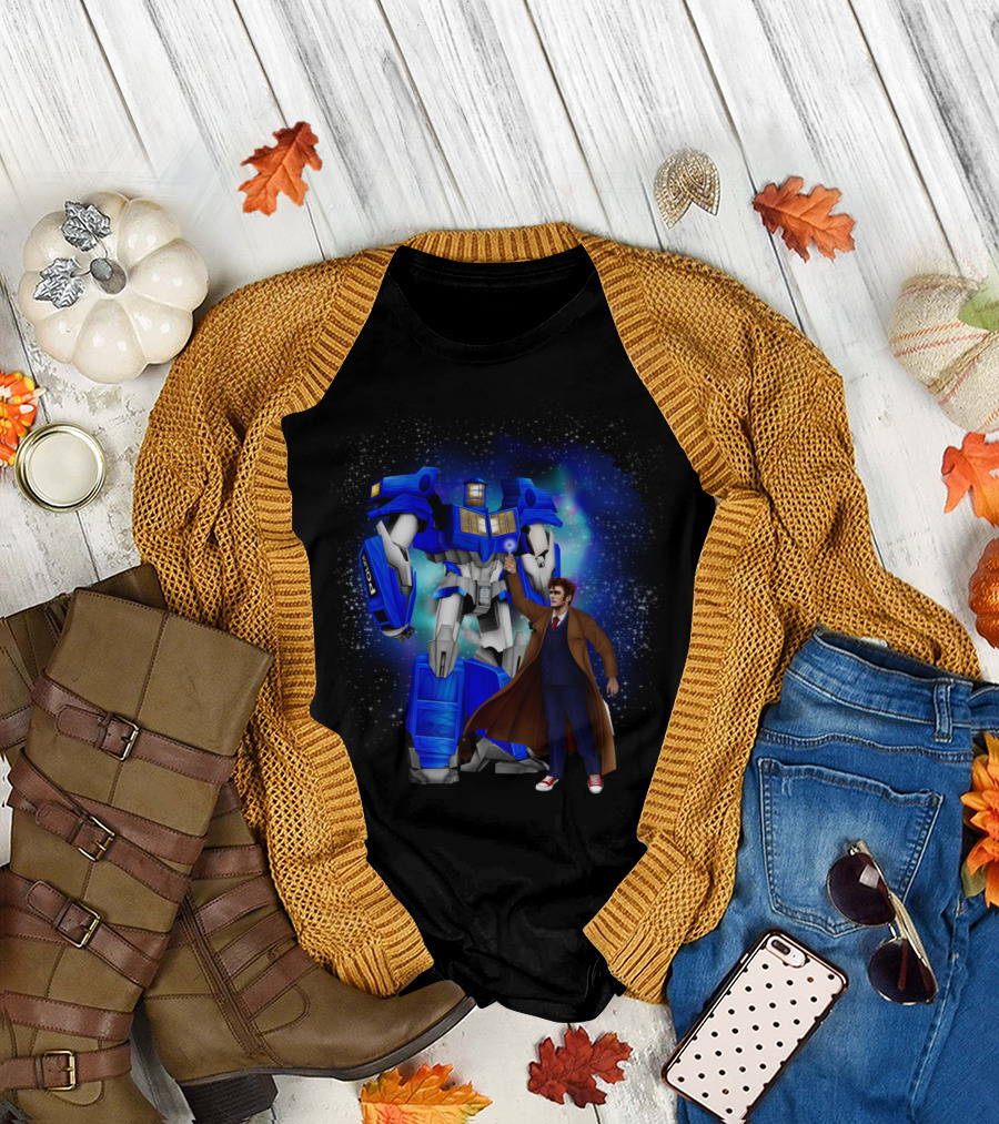 Giant Blue Robot and Brown Coat Time Traveler with Sneaker Touchpoint in Starry Universe T-Shirt