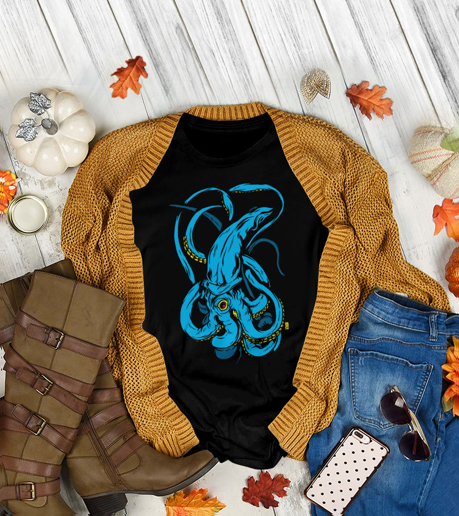 Giant Deep Sea Squid Blue Tentacles T-Shirt
