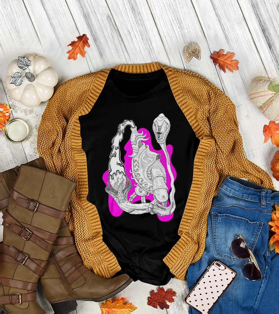 The Egg Splasher Skeleton Robot Alien Creature with Pink Background T-Shirt