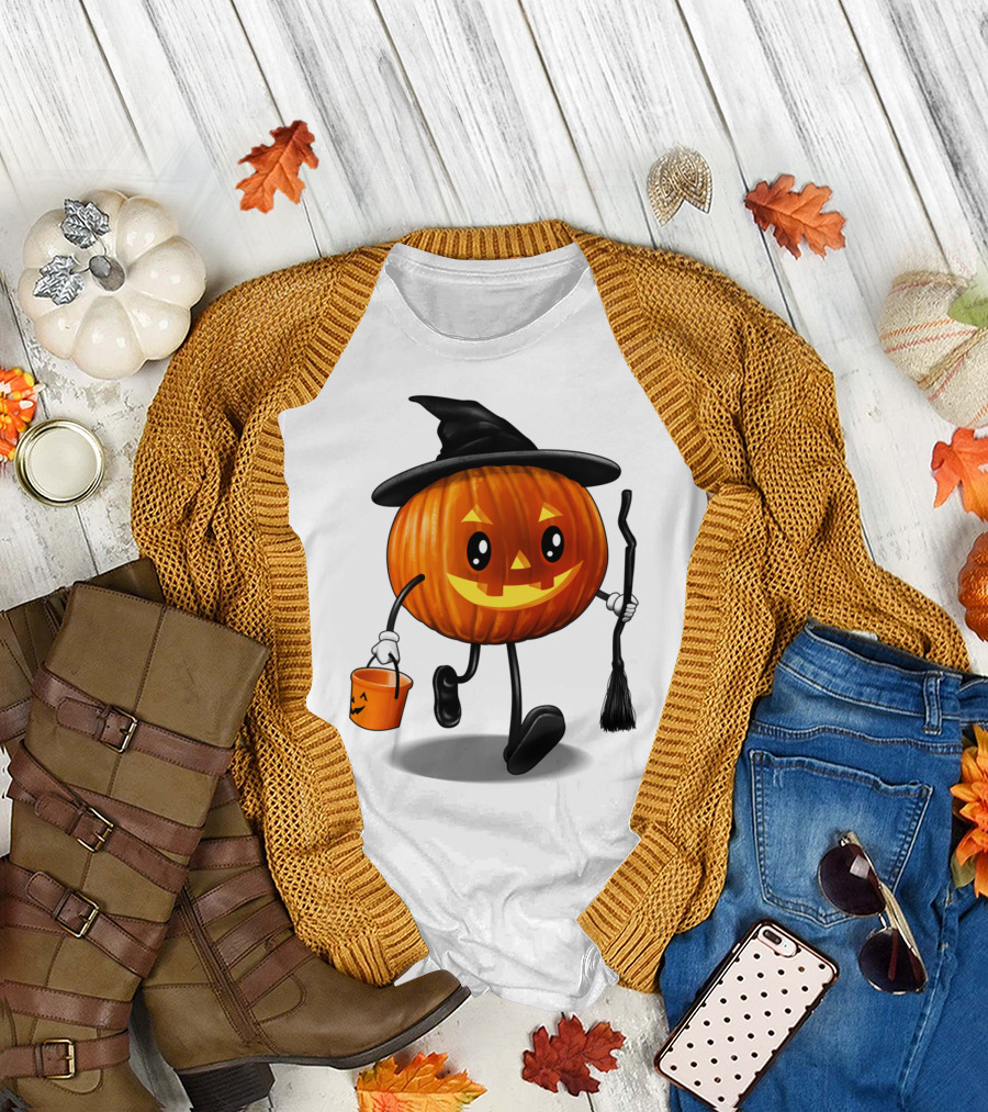 Jack O Treat Pumpkin Witch with Broom and Candy Bucket Halloween T-Shirt