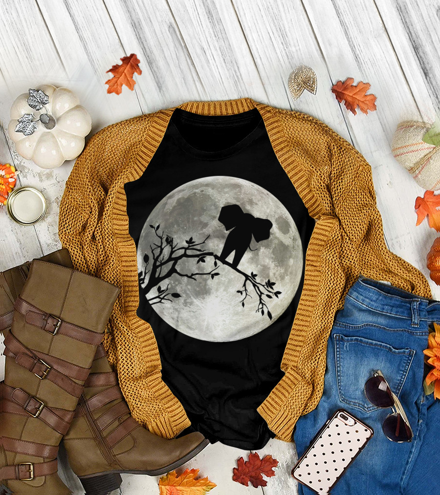 The Elephant Balancing on Tree Branch Silhouette Against Full Moon T-Shirt