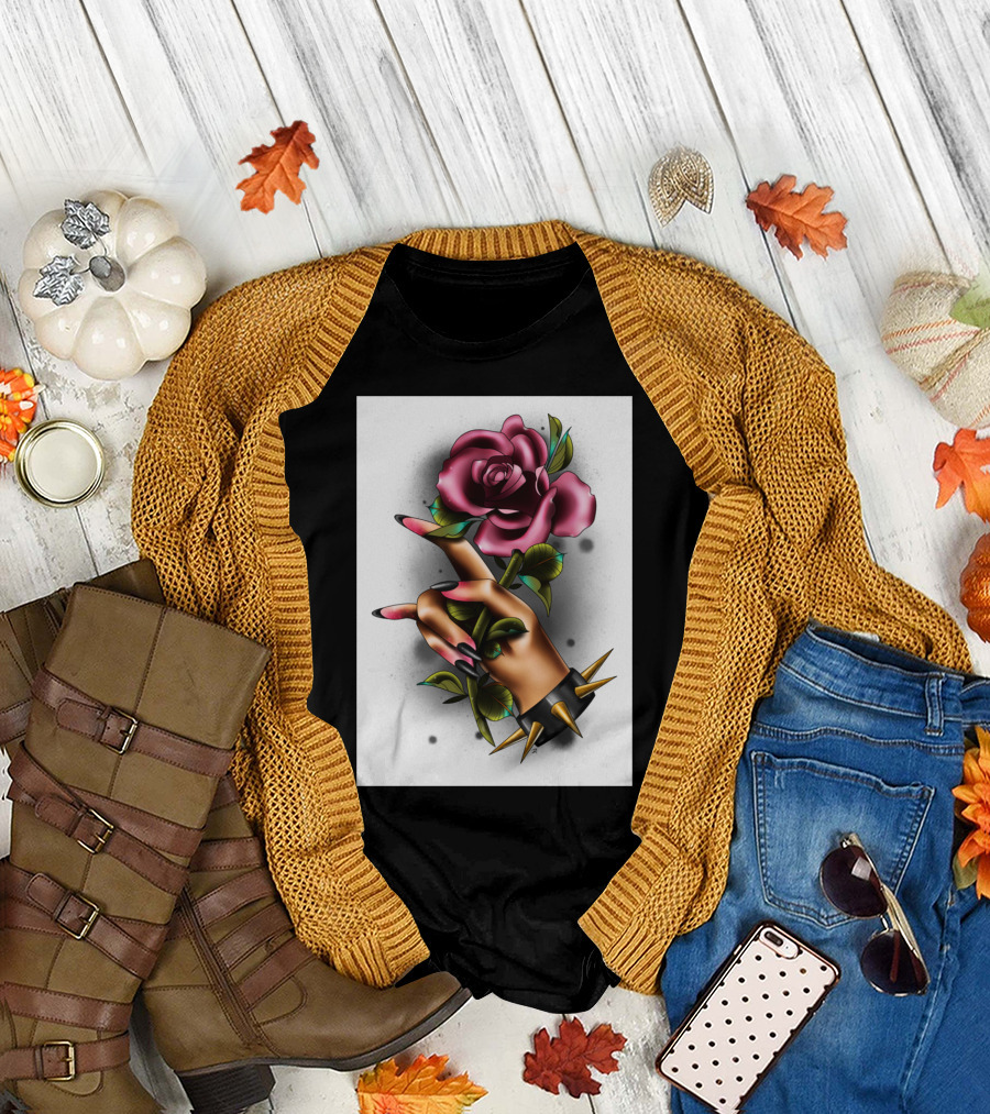 Rock Hand Gesture with Spiked Bracelet and Rose T-Shirt