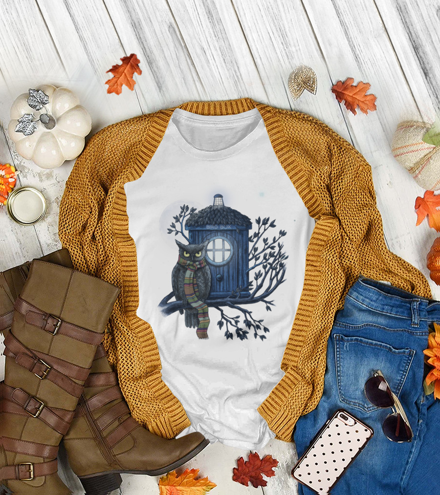 Dr. Hoot Bird Box With Owl Tardis Moonlit Tree Scene T-Shirt