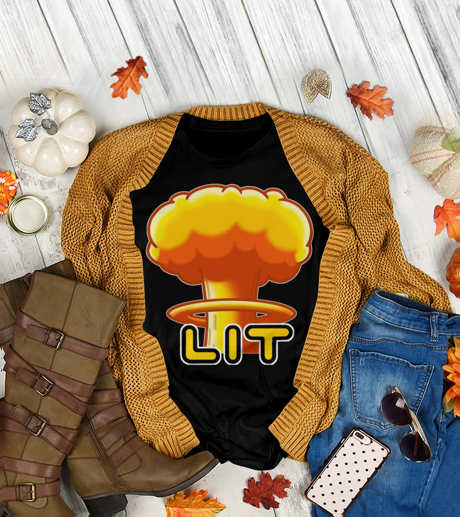 AceLIT Mushroom Cloud Explosion Icon with Bold 'LIT' Text T-Shirt