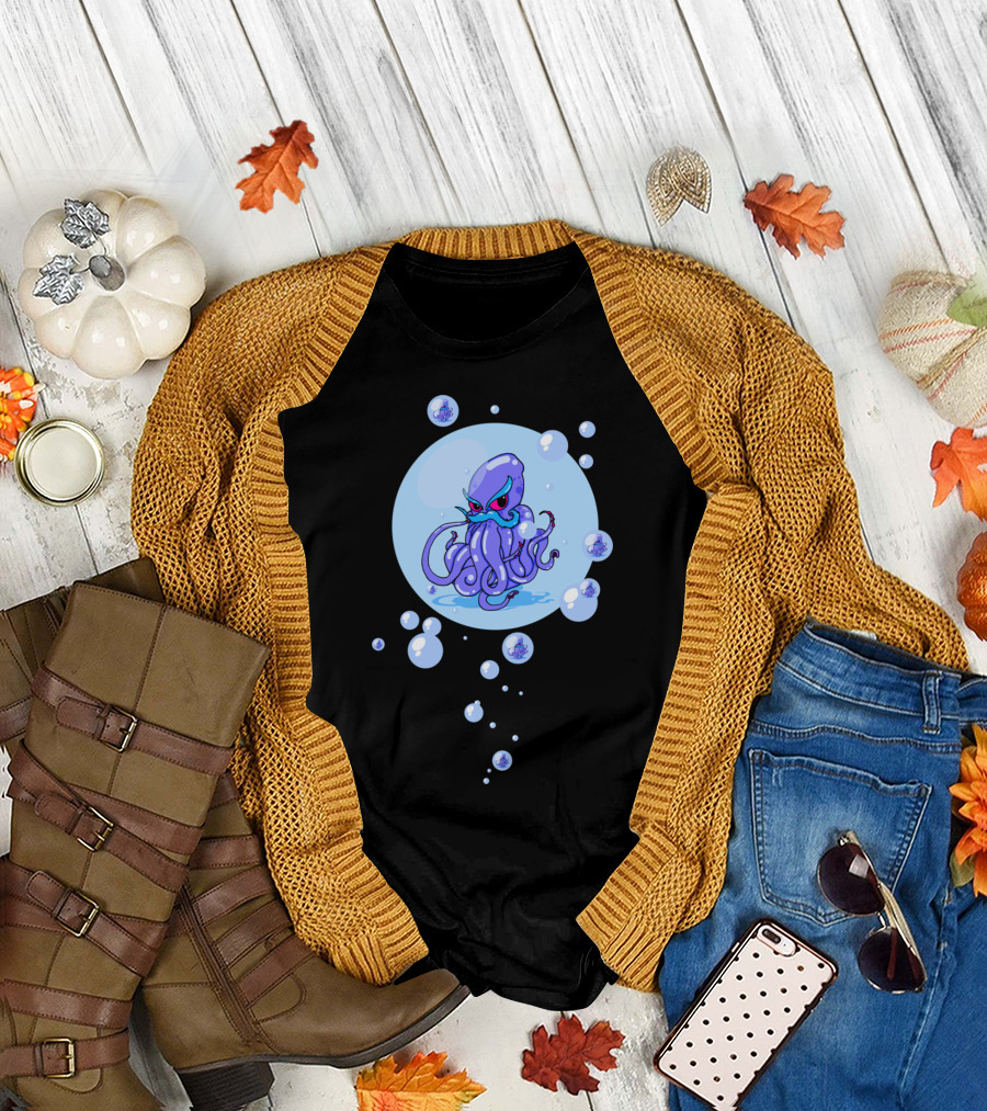 Octostache Cartoon Octopus with Bubbles and Mustache T-Shirt