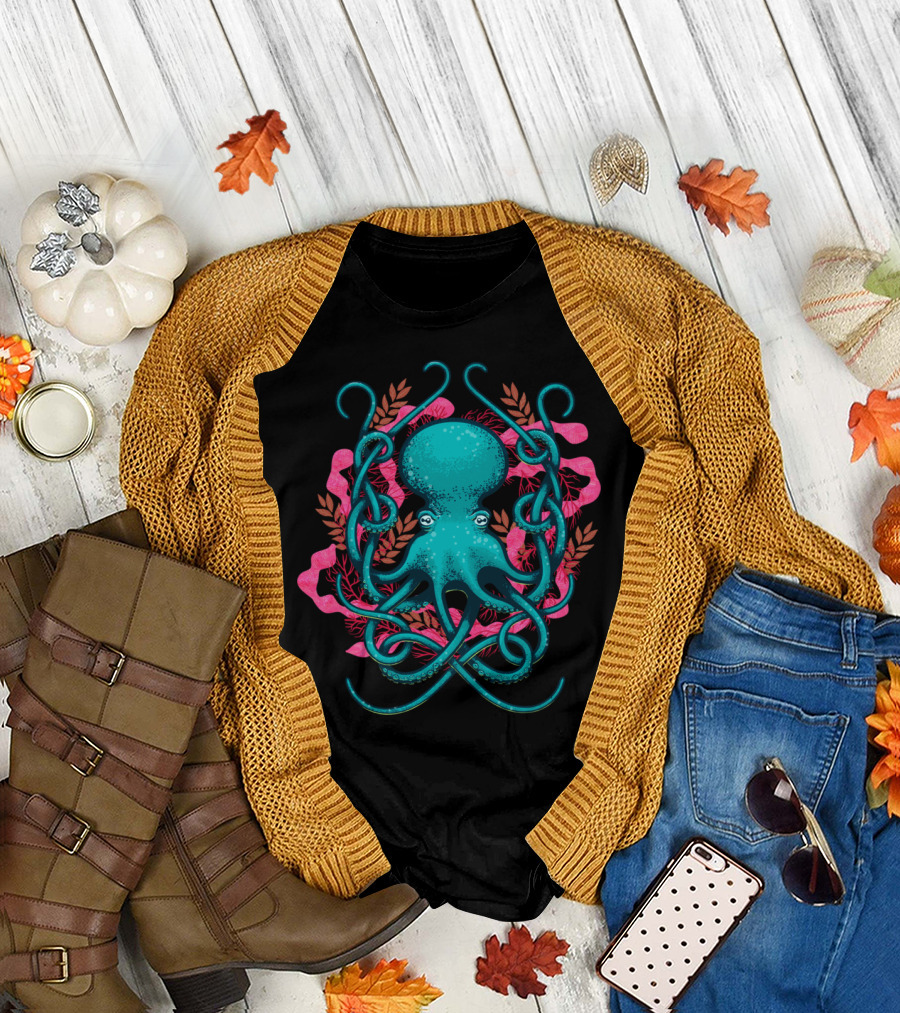 Octopus with Vibrant Coral and Seaweed Motif T-Shirt