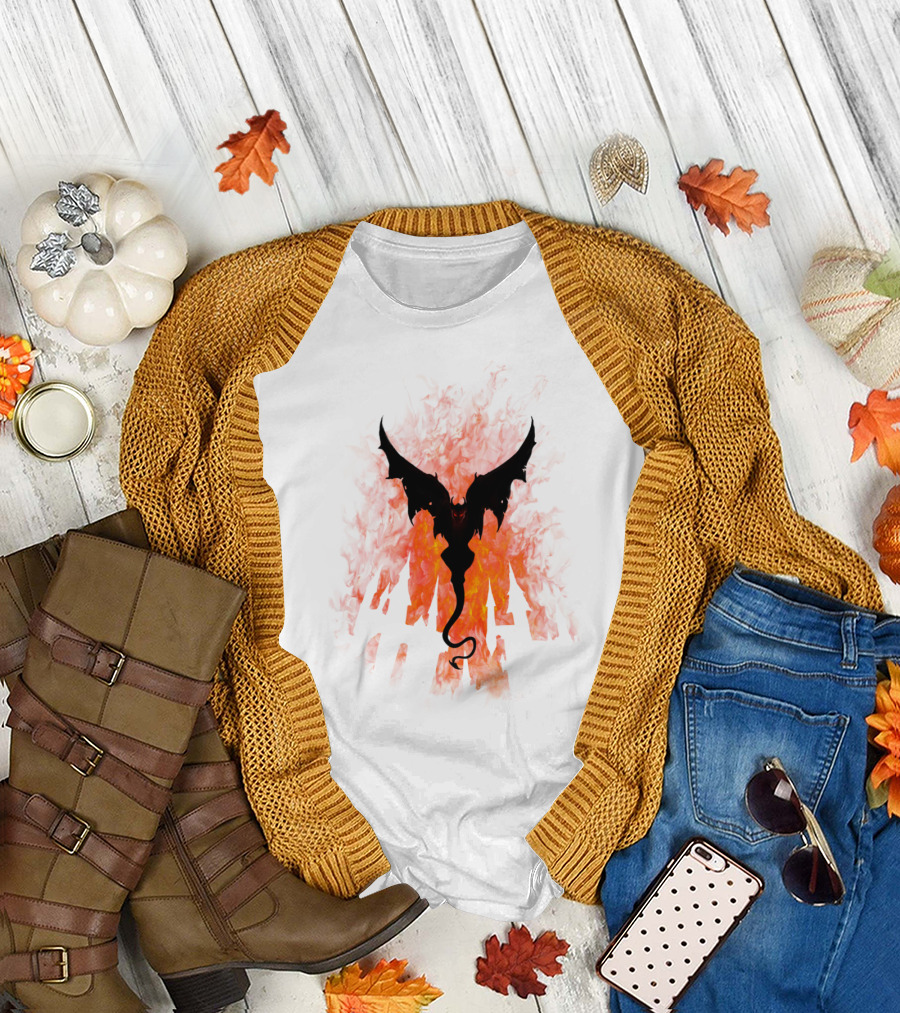 Dracula Returns Fiery Castle Silhouette with Bat Wings and Flames T-Shirt