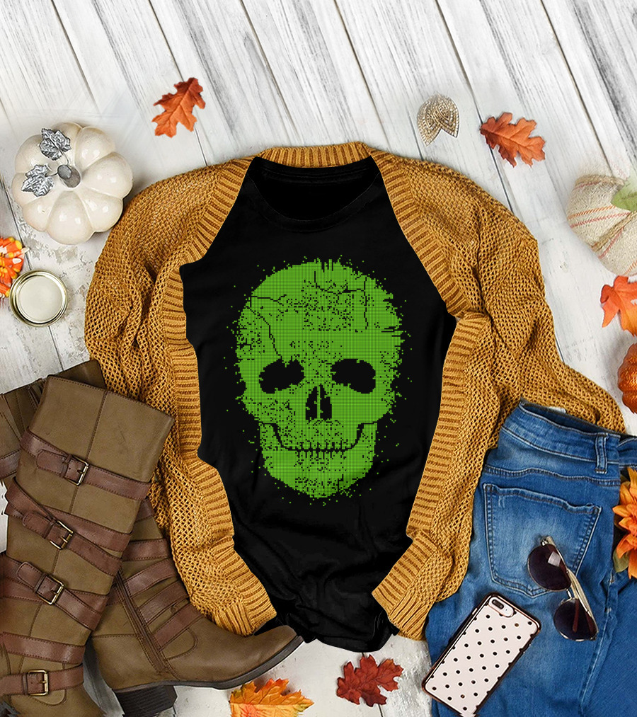 Acid Skull Toxic Green Pixelated Skull T-Shirt