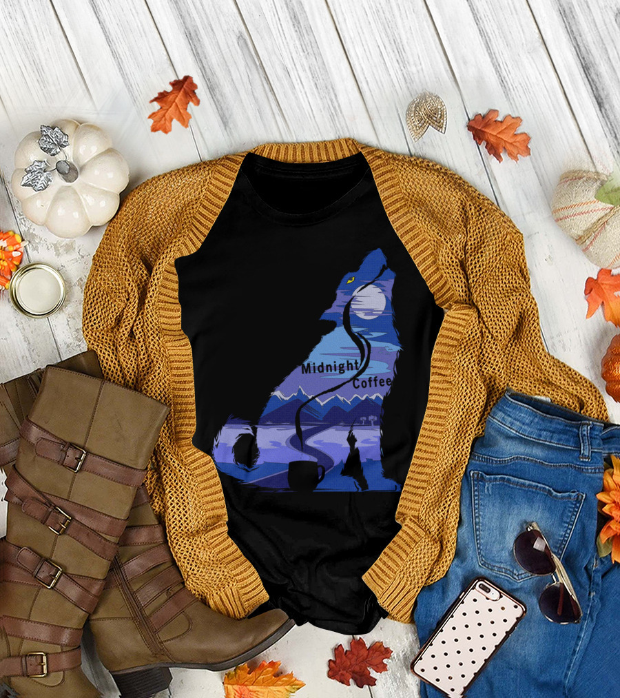 Midnight Coffee Howling Wolf Moonlit Mountain Scene T-Shirt