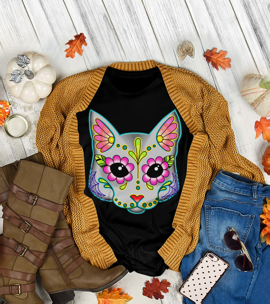 Grey Cat Sugar Skull Day of the Dead Floral T-Shirt