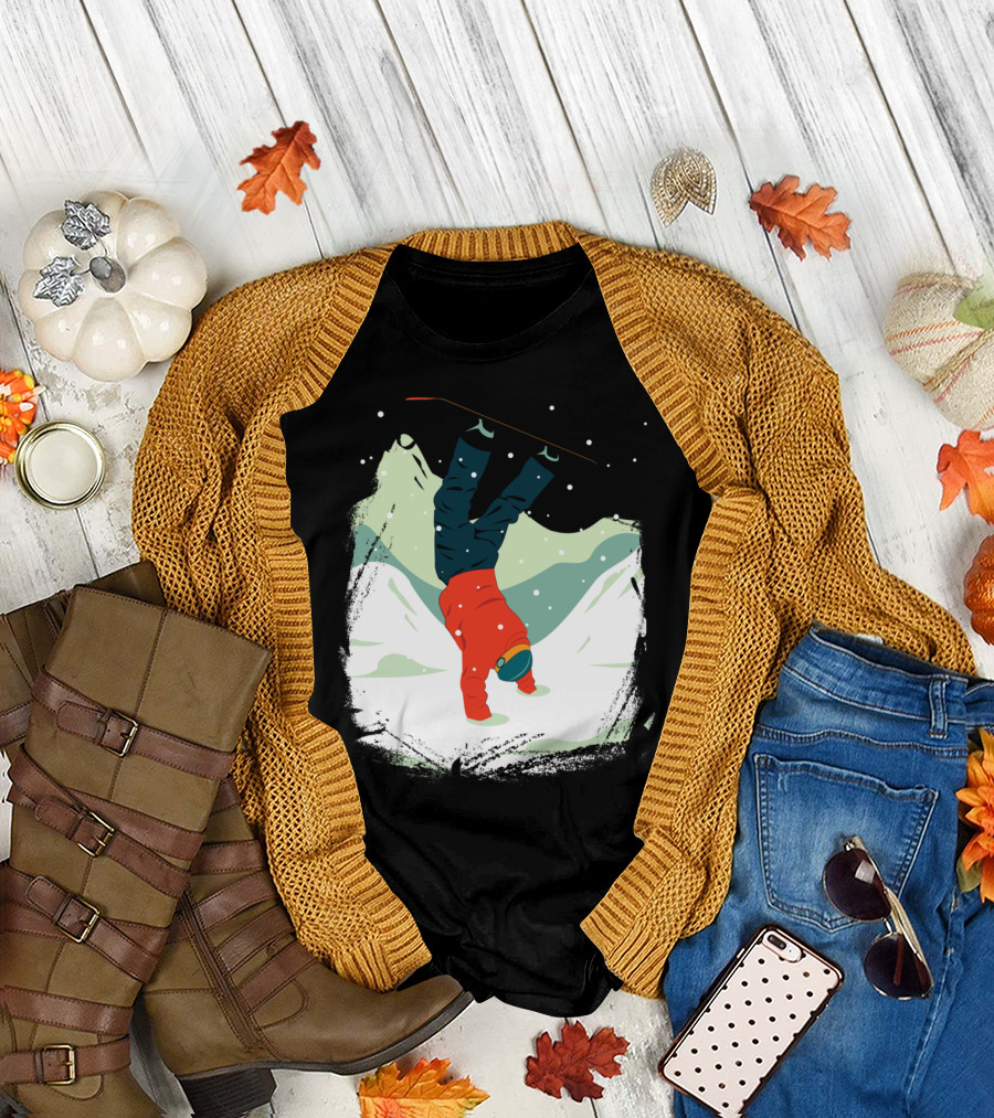 Snowboarding Handstand in Snowy Mountain Landscape T-Shirt