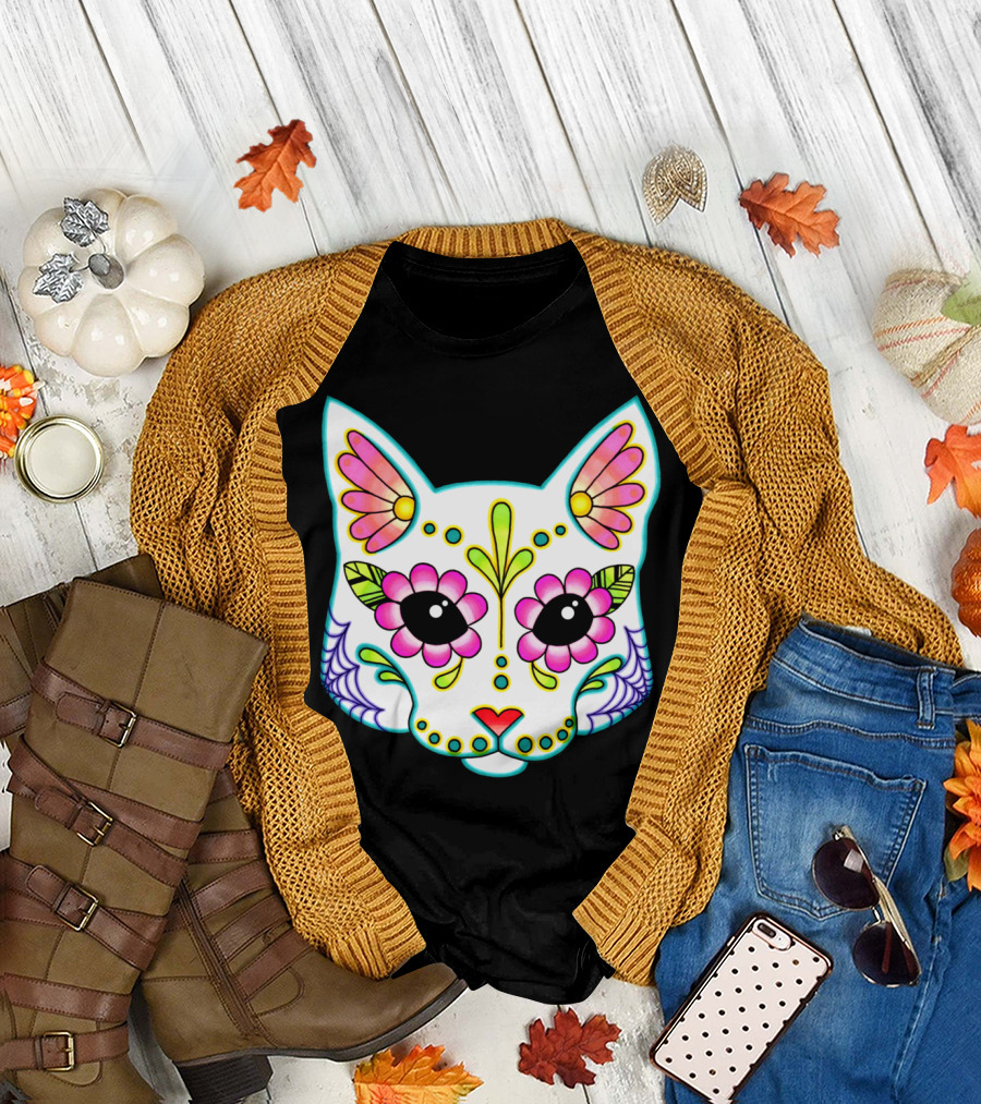 Cat Sugar Skull Day of the Dead White Floral T-Shirt
