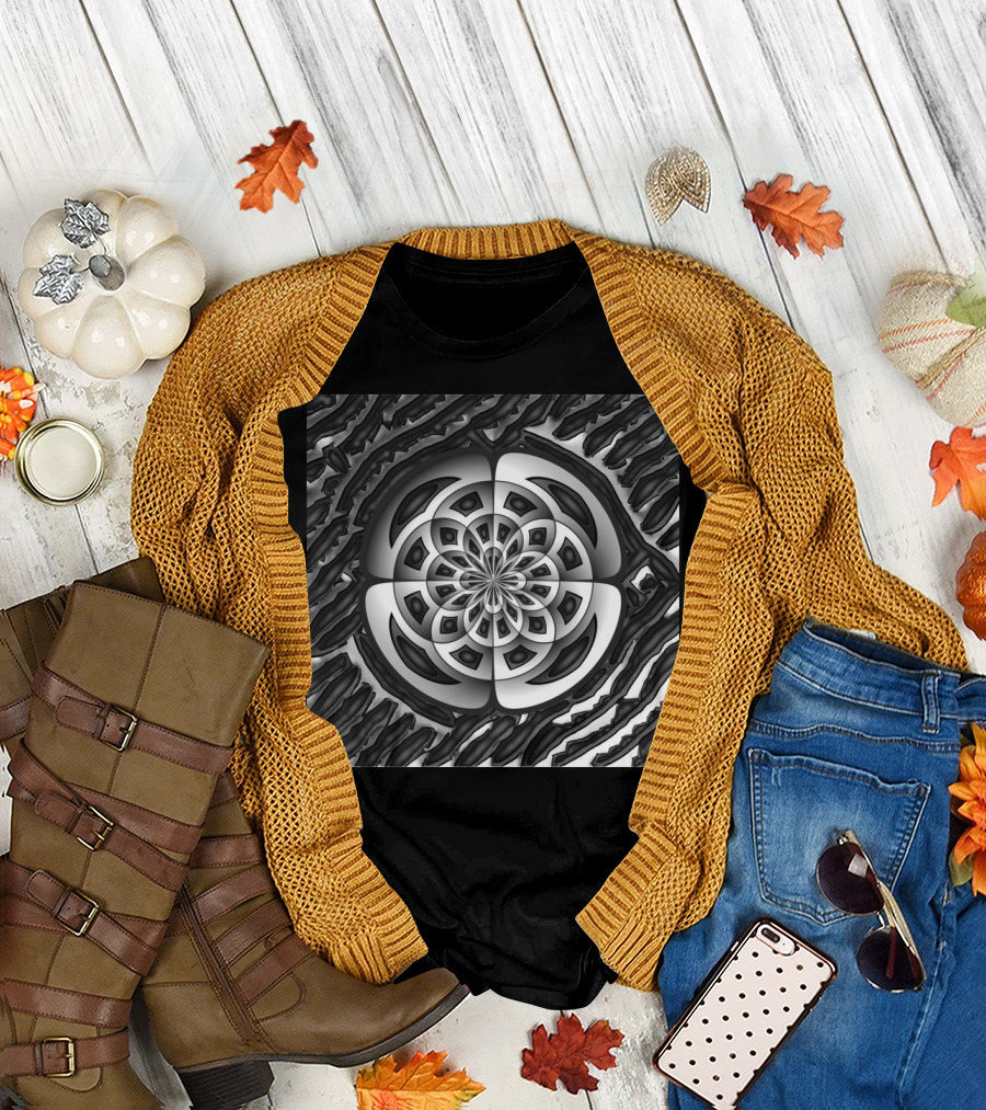 Metal Object Geometric Black and White Pattern Mandala T-Shirt