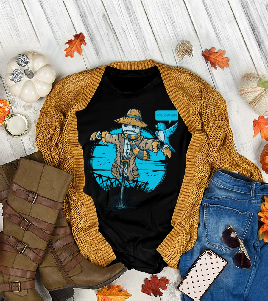 Social Bird Follow Me Scarecrow and Bluebird Scene T-Shirt