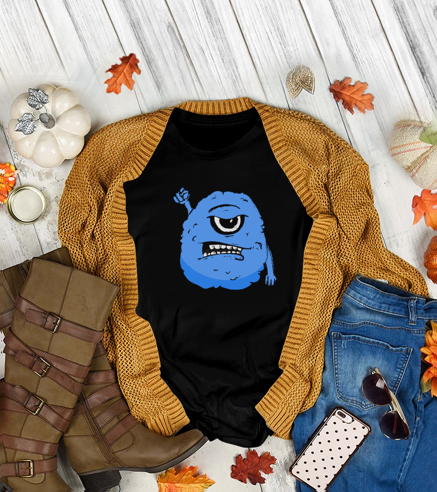 Social Monster Blue One-Eyed Creature Holding Phone T-Shirt