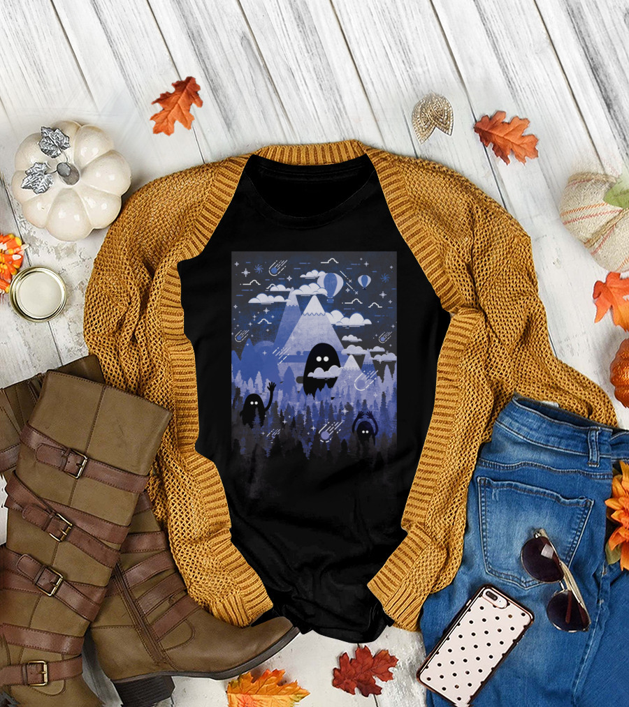 Cerulean Tundra Monsters in Starry Mountain Forest Scene T-Shirt