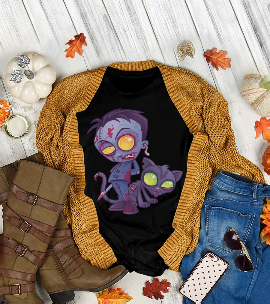 Pet Cemetery Zombie Cartoon with Cat T-Shirt