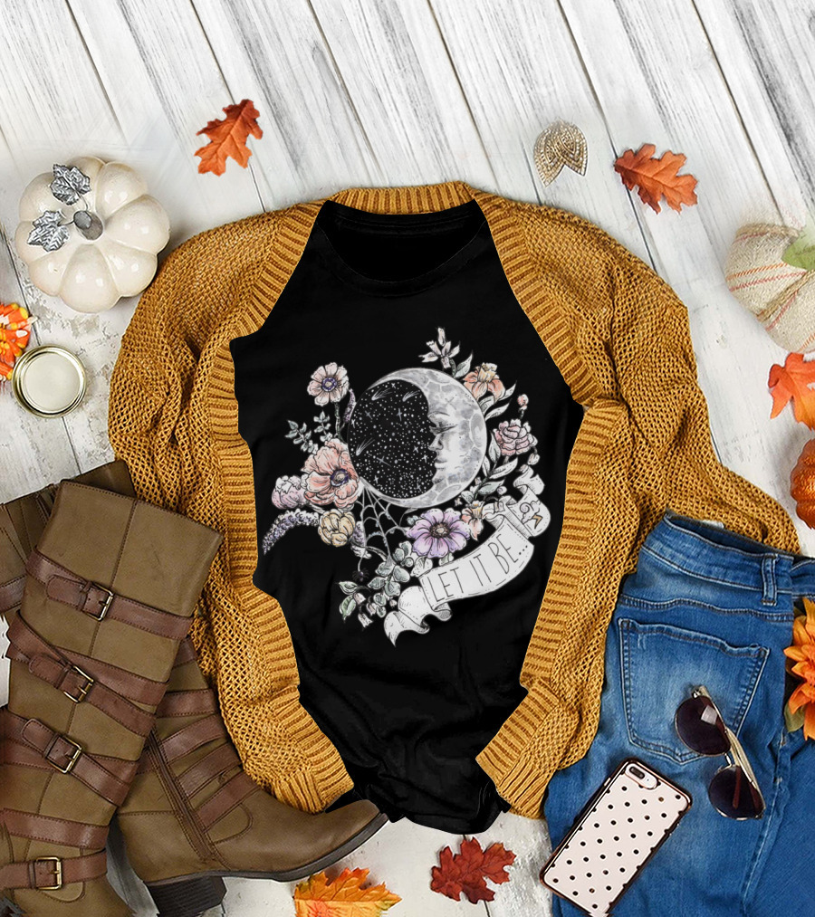 Let It Be Moon and Floral Illustration with Stars T-Shirt