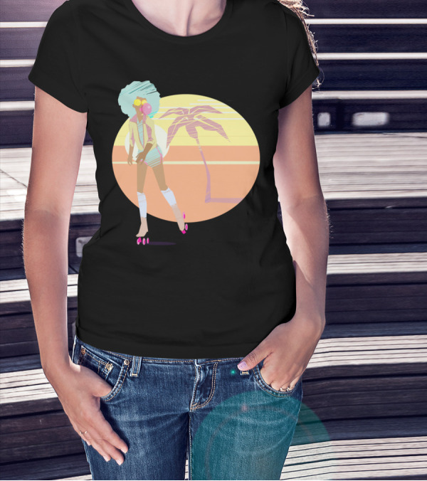 Roller Beach Sunset Vibes Afro Retro Skater With Palm Tree T-Shirt