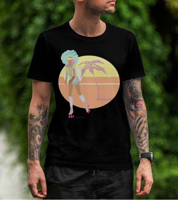 Roller Beach Sunset Vibes Afro Retro Skater With Palm Tree T-Shirt