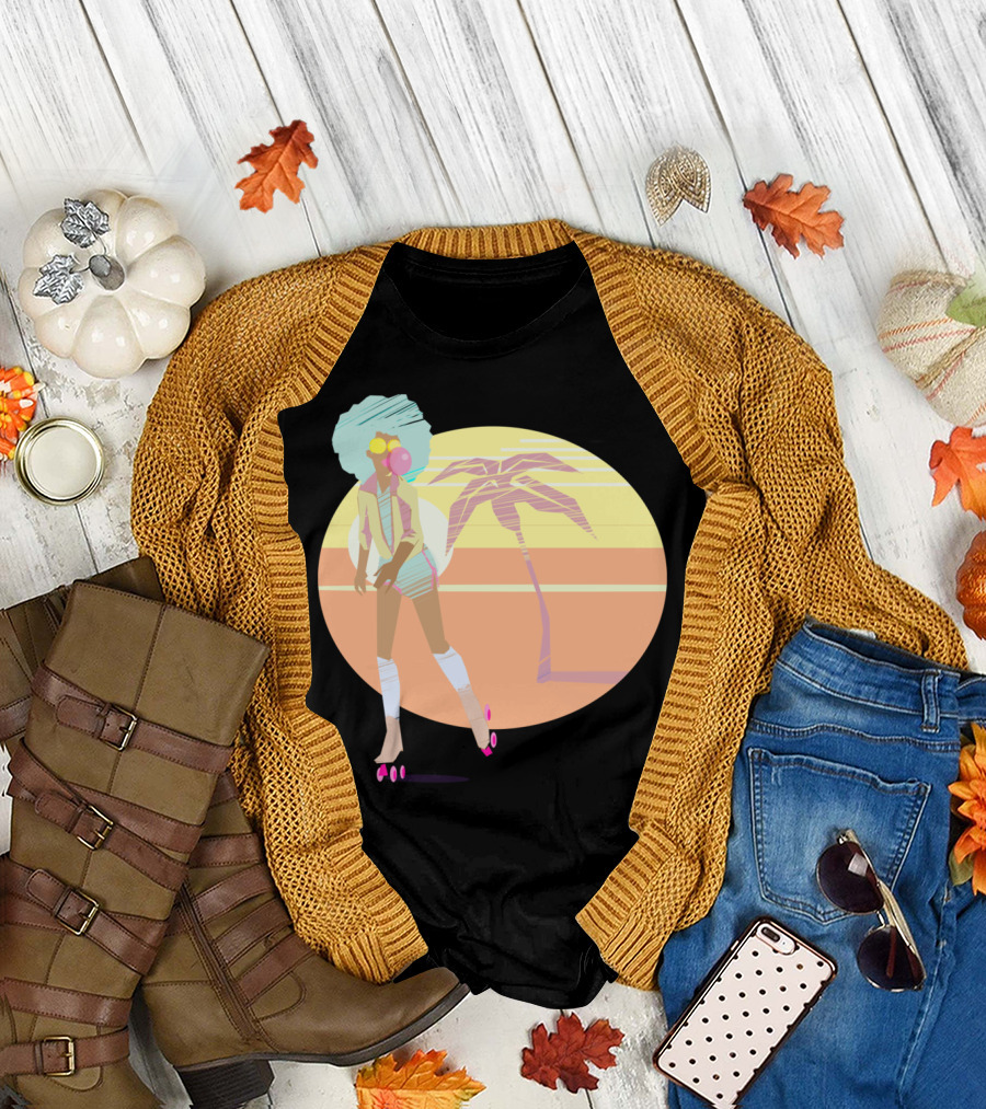 Roller Beach Sunset Vibes Afro Retro Skater with Palm Tree T-Shirt