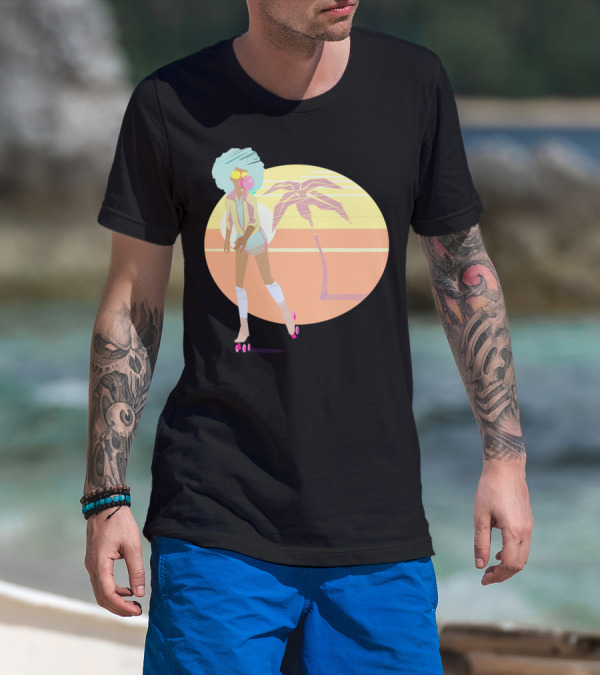 Roller Beach Sunset Vibes Afro Retro Skater With Palm Tree T-Shirt