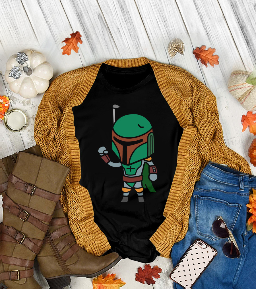 Simple Boba Fett Cartoon Character in Green and Brown Armor T-Shirt