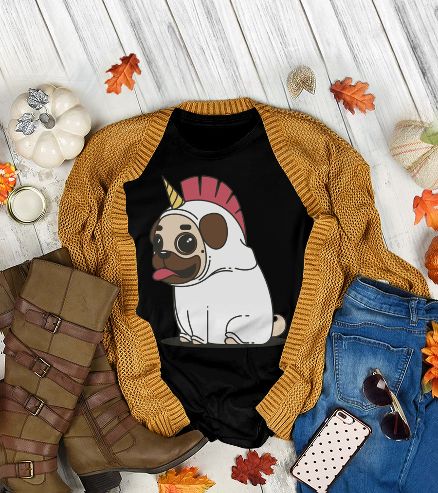 Unicorn Pug Dog Costume with Horn and Mane T-Shirt