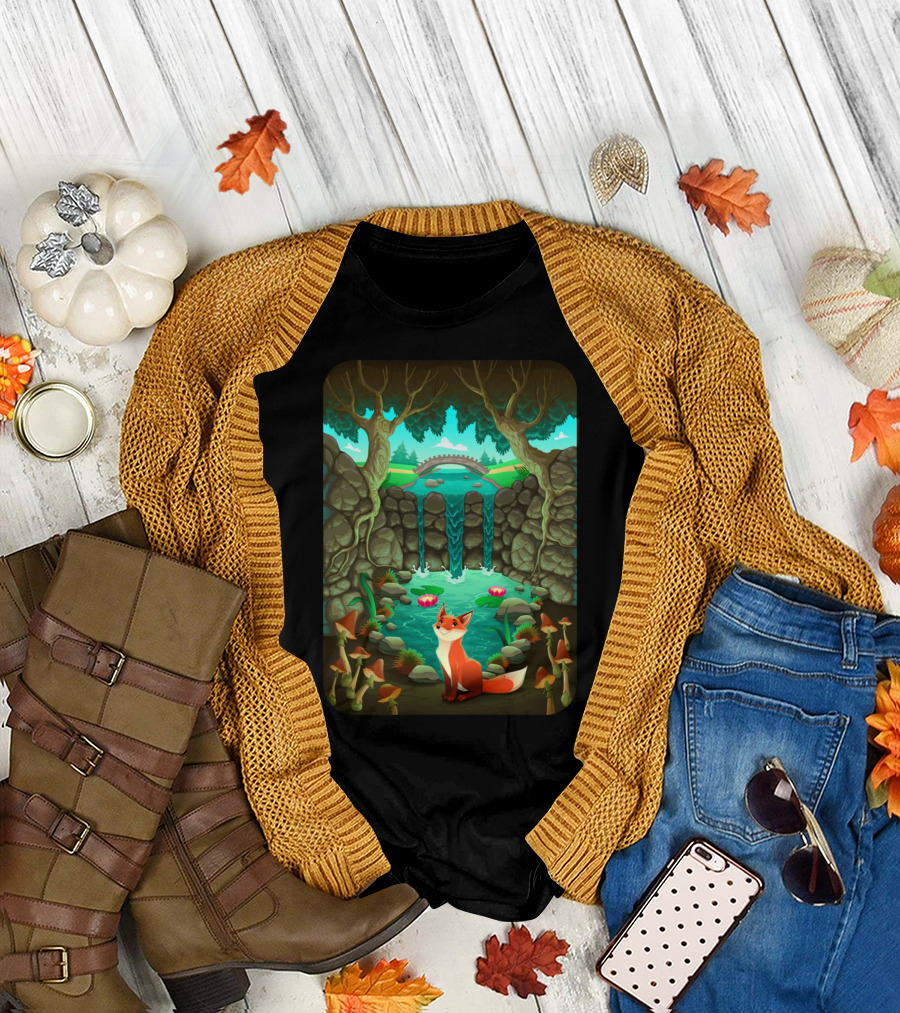 Peaceful Woodland Fox by Tranquil Waterfall T-Shirt