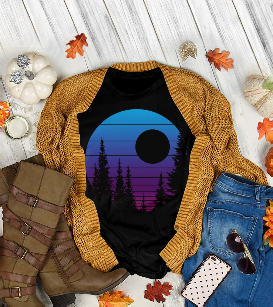 Purple Mountain Sunrise Circle with Trees and Gradient Sky T-Shirt