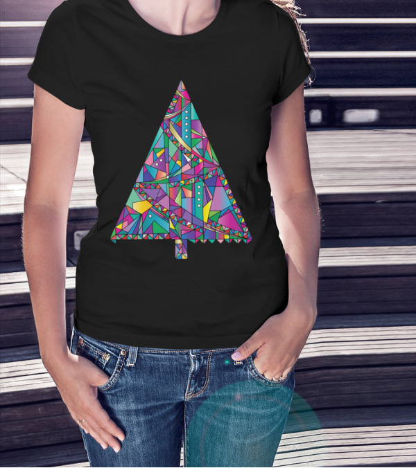 Happy New Year Tree Stained Glass Geometric T-Shirt