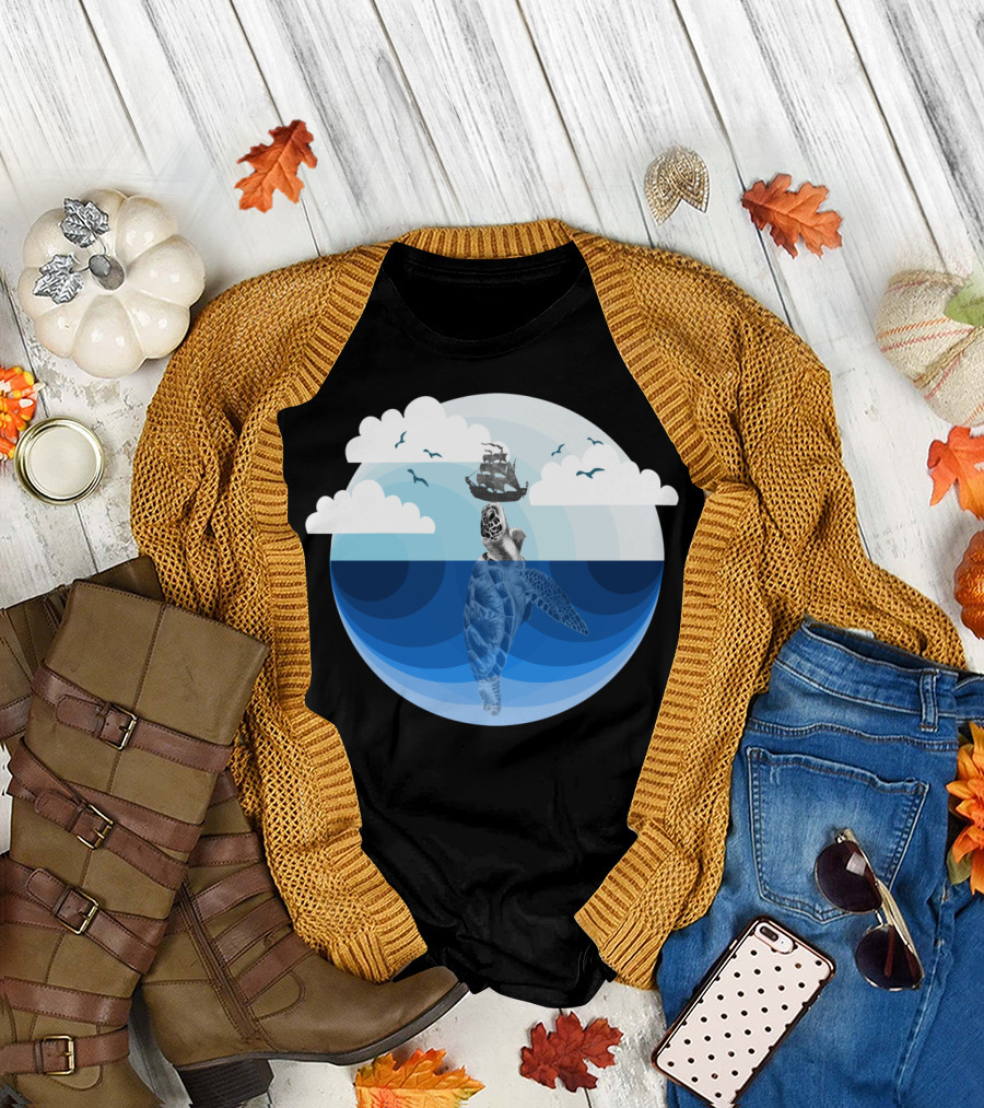 Nature Blues The Giant Turtle Voyage Under Cloudy Sky with Ship T-Shirt